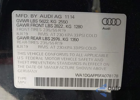 2015 Audi Q5 3.0T Premium Plus из США, поврежденный, VIN WA1DGAFP5FA078178